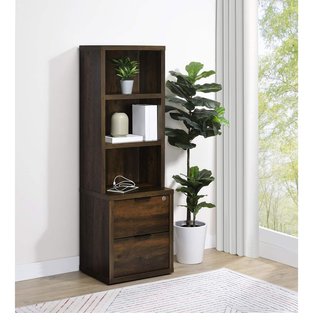 802713 Westpark 3-shelf Bookcase USB and Lockable Drawer Dark Pine