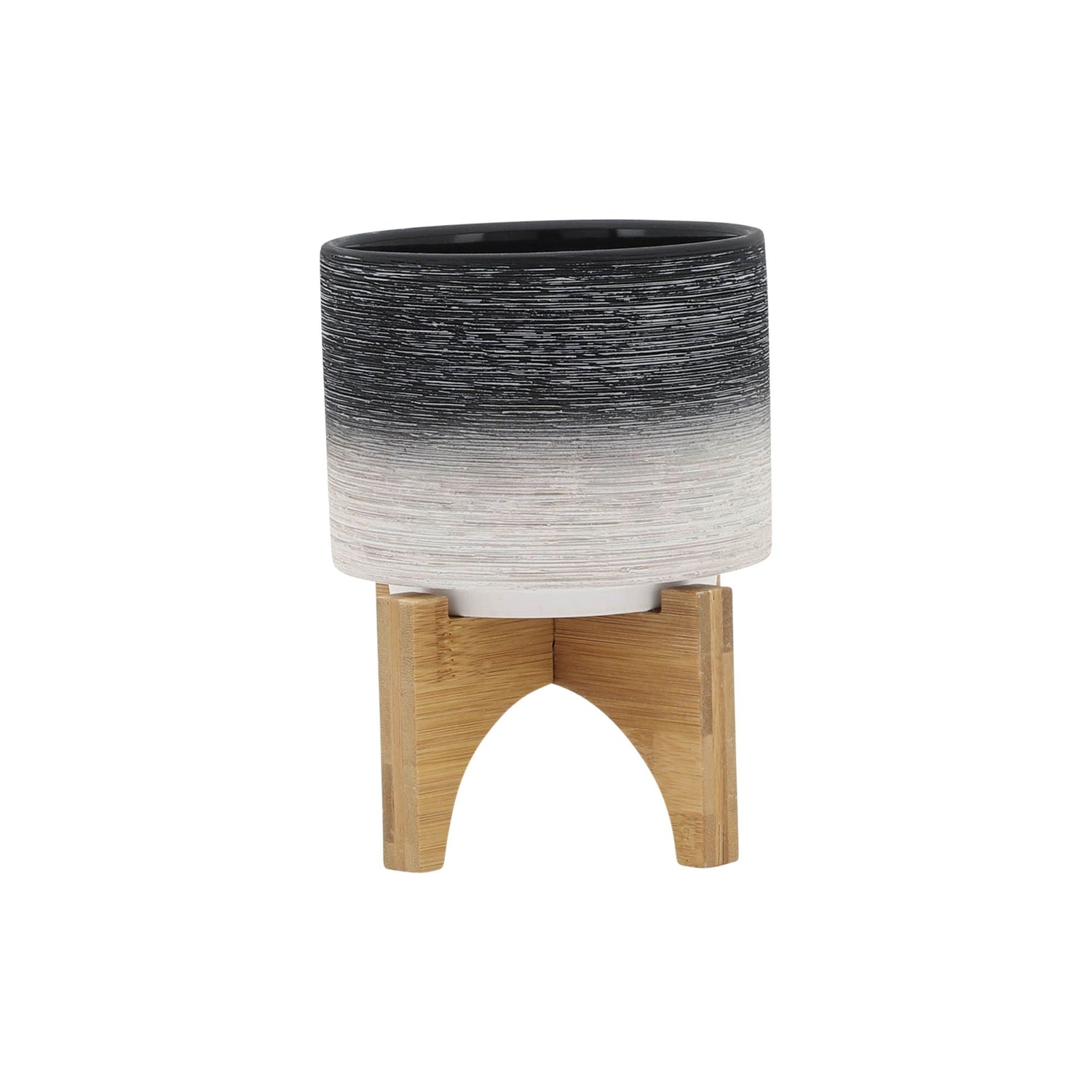 Ceramic Planter On Wooden Stand 5" - Gray