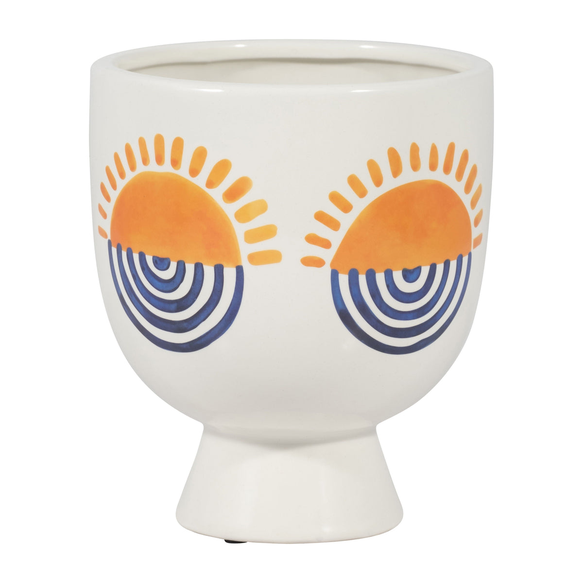 Ceramic Sunrise Eyes Flower Vase 7" - White / Yellow / Blue
