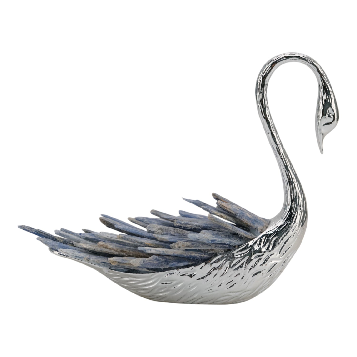 6" Majesty Kyanite Stone Sitting Metal Swan - Pearl Silver