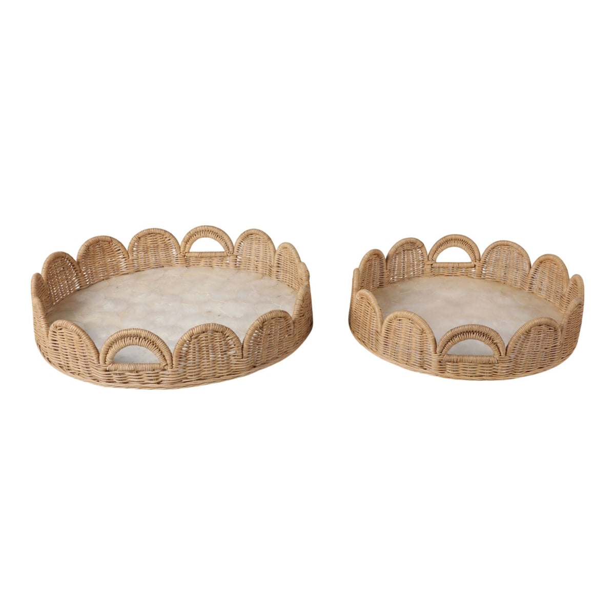 20" / 24" Capiz And Woven Scallop Tray (Set of 2) - Ivory / Tan