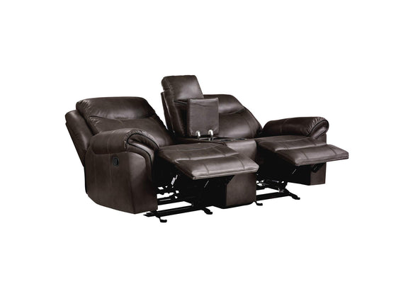 8206BRW-2 Aram Double Glider Reclining Love Seat with Center Console, Receptacles and USB Ports