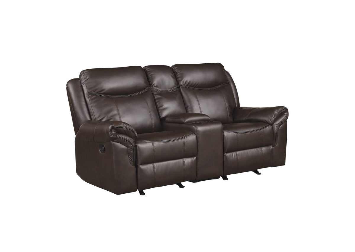 8206BRW-2 Aram Double Glider Reclining Love Seat with Center Console, Receptacles and USB Ports
