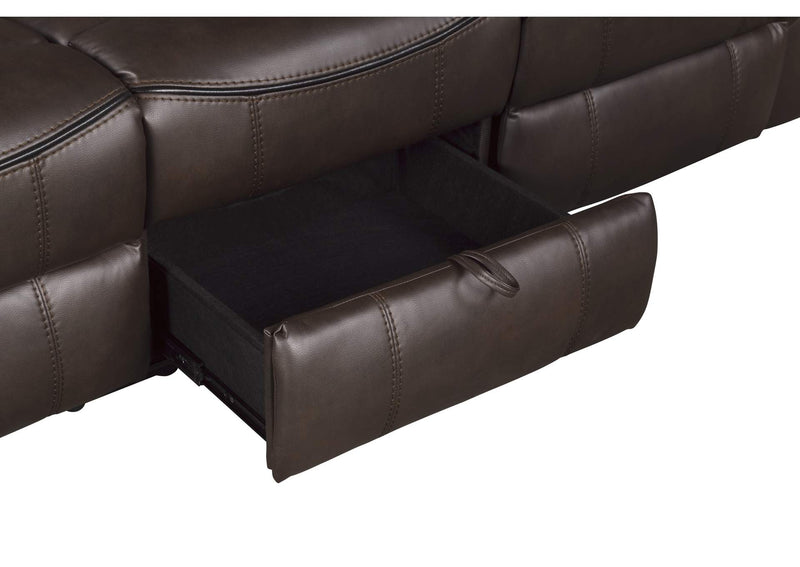 8206BRW-3 Aram Double Reclining Sofa with Center Drop-Down Cup Holders, Receptacles, Hidden Drawer and USB Ports