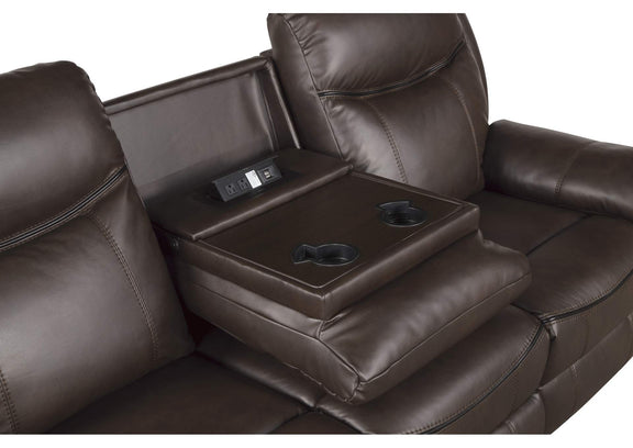 8206BRW-3 Aram Double Reclining Sofa with Center Drop-Down Cup Holders, Receptacles, Hidden Drawer and USB Ports