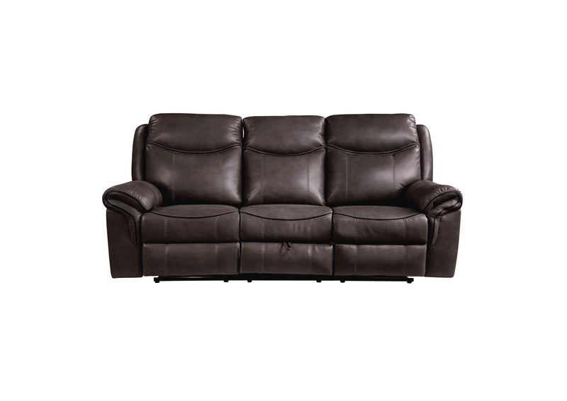 8206BRW-3 Aram Double Reclining Sofa with Center Drop-Down Cup Holders, Receptacles, Hidden Drawer and USB Ports