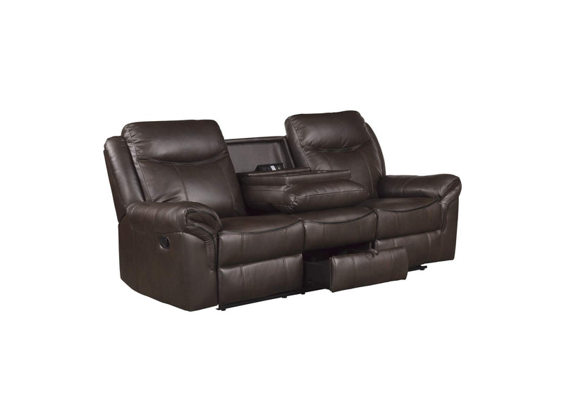 8206BRW-3 Aram Double Reclining Sofa with Center Drop-Down Cup Holders, Receptacles, Hidden Drawer and USB Ports