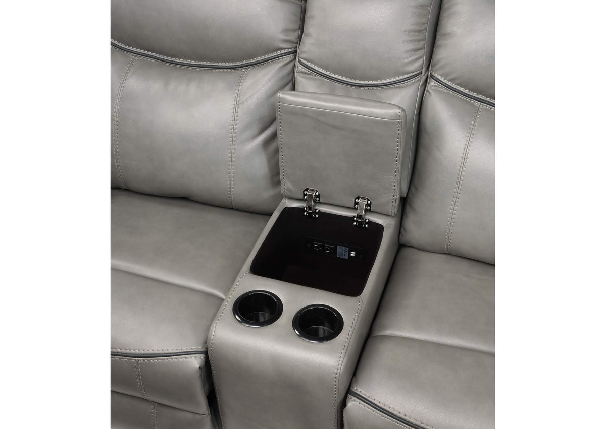 8206GRY-2 Aram Double Glider Reclining Love Seat with Center Console, Receptacles and USB Ports