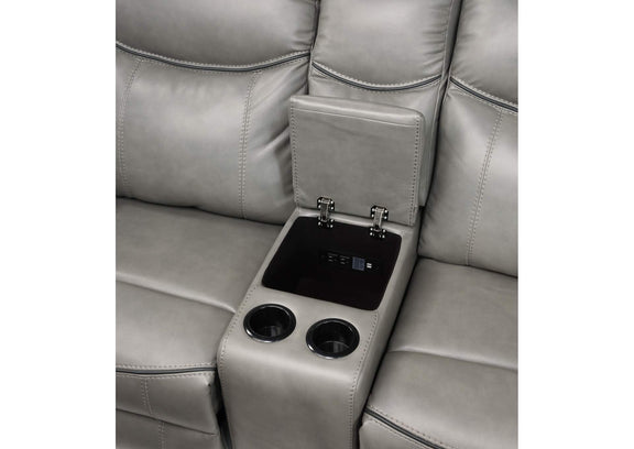 8206GRY-2 Aram Double Glider Reclining Love Seat with Center Console, Receptacles and USB Ports