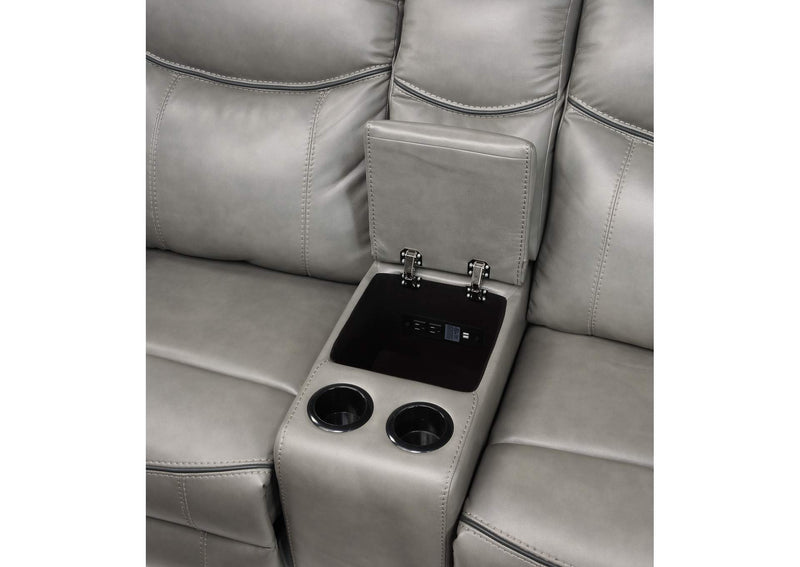 8206GRY-2 Aram Double Glider Reclining Love Seat with Center Console, Receptacles and USB Ports