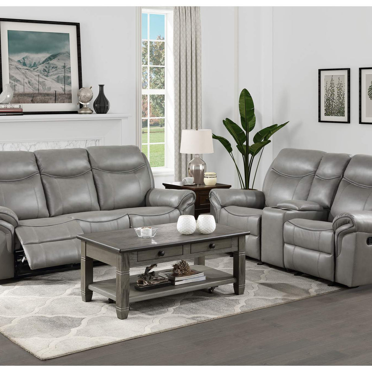8206GRY-2 Aram Double Glider Reclining Love Seat with Center Console, Receptacles and USB Ports