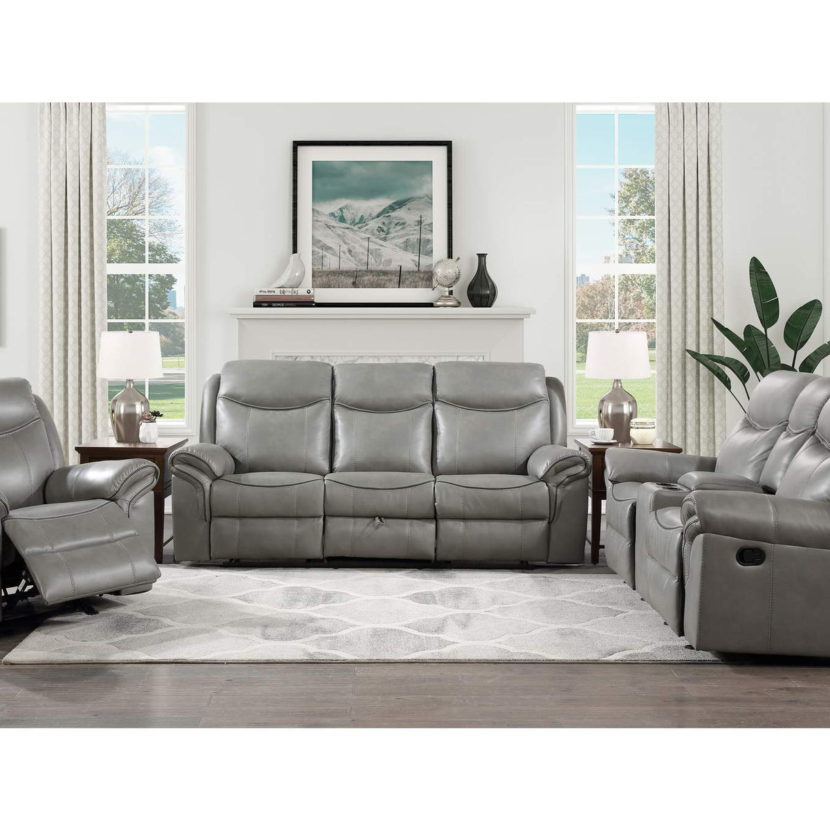 8206GRY-2 Aram Double Glider Reclining Love Seat with Center Console, Receptacles and USB Ports