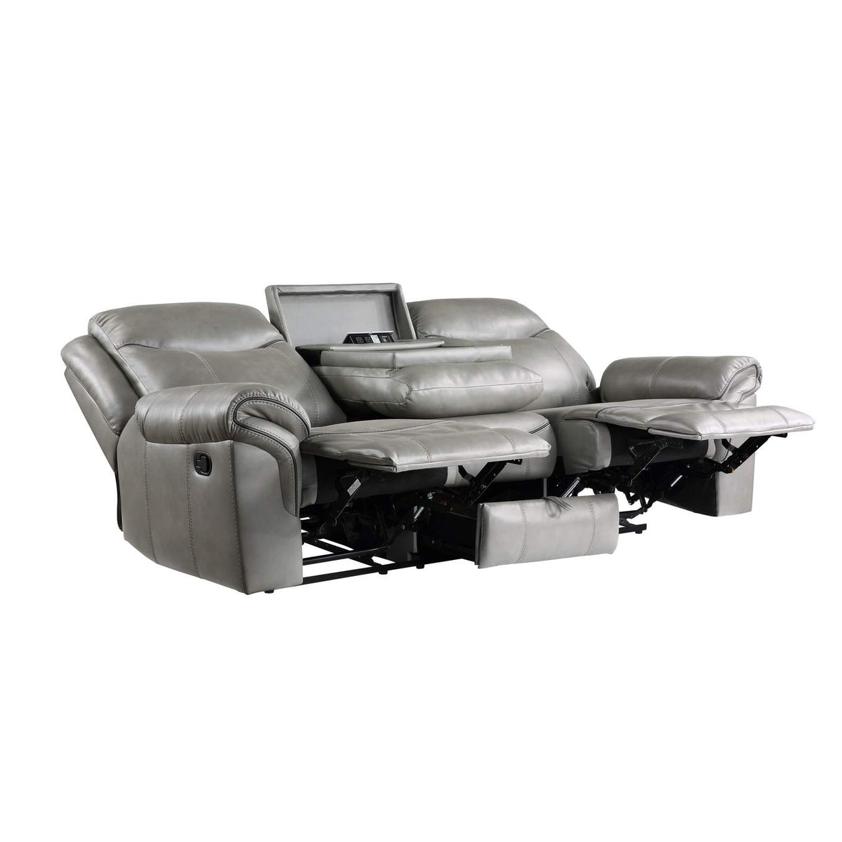 8206GRY-3 Aram Double Reclining Sofa with Center Drop-Down Cup Holders, Receptacles, Hidden Drawer and USB Ports