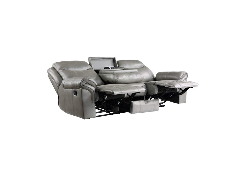 8206GRY-3 Aram Double Reclining Sofa with Center Drop-Down Cup Holders, Receptacles, Hidden Drawer and USB Ports