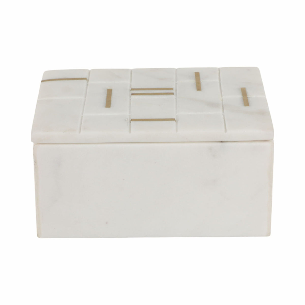 6" White Marble Box With Brass Inlay - White / Gold