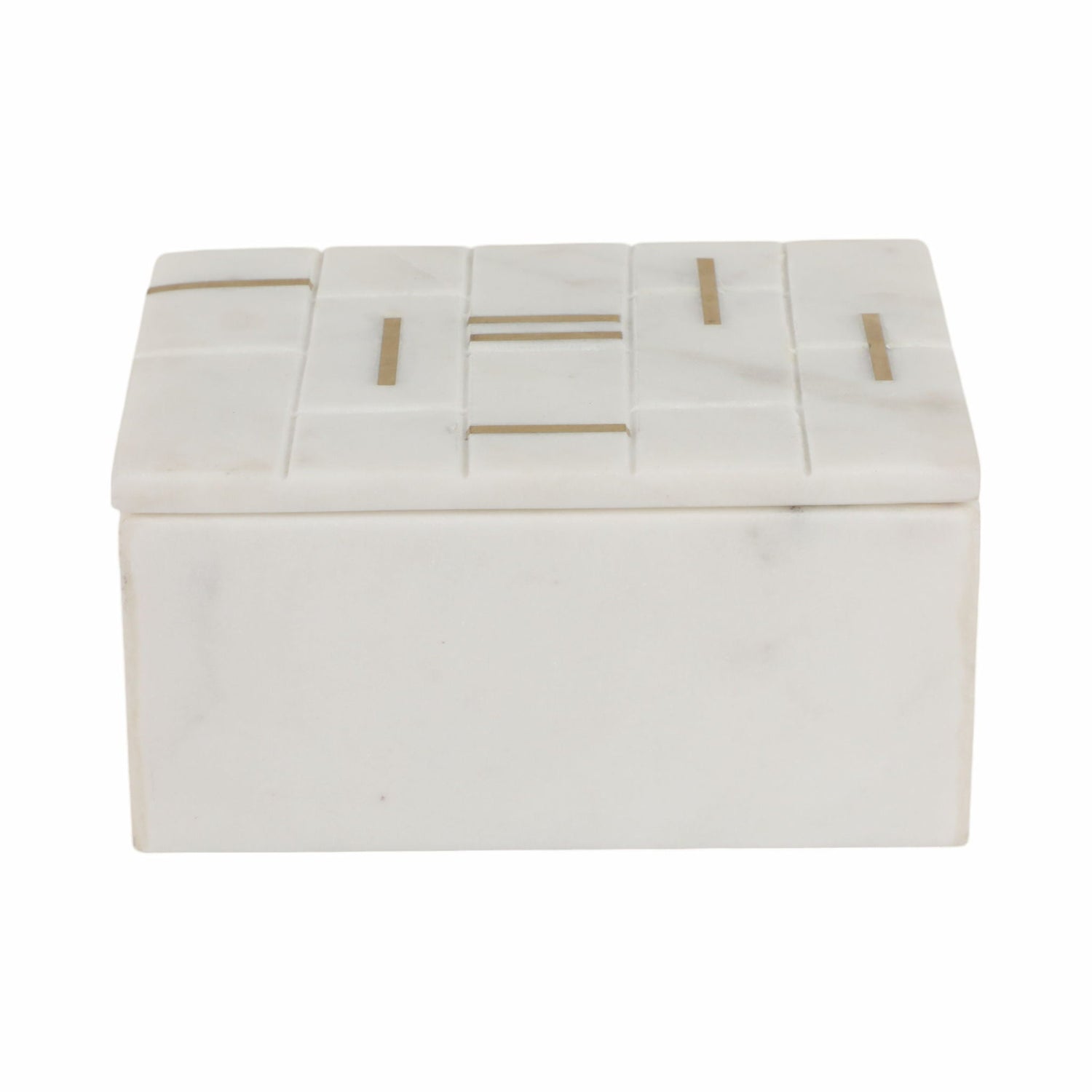 6" White Marble Box With Brass Inlay - White / Gold