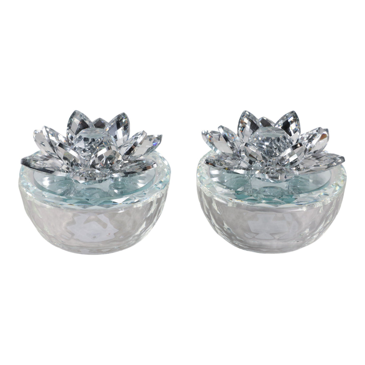 Glass Trinket Box With Lotus Top (Set of 2) - Clear / Silver