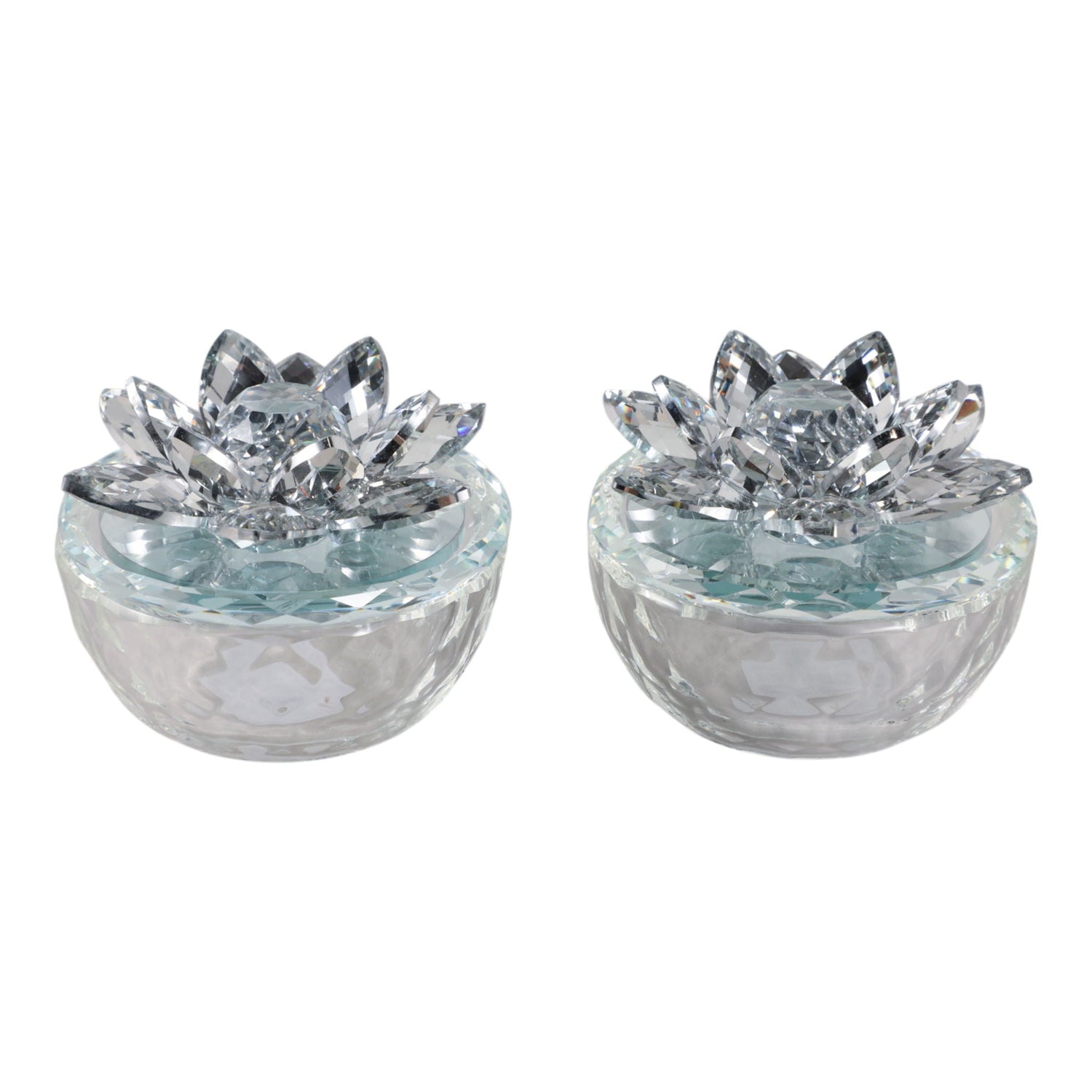 Glass Trinket Box With Lotus Top (Set of 2) - Clear / Silver
