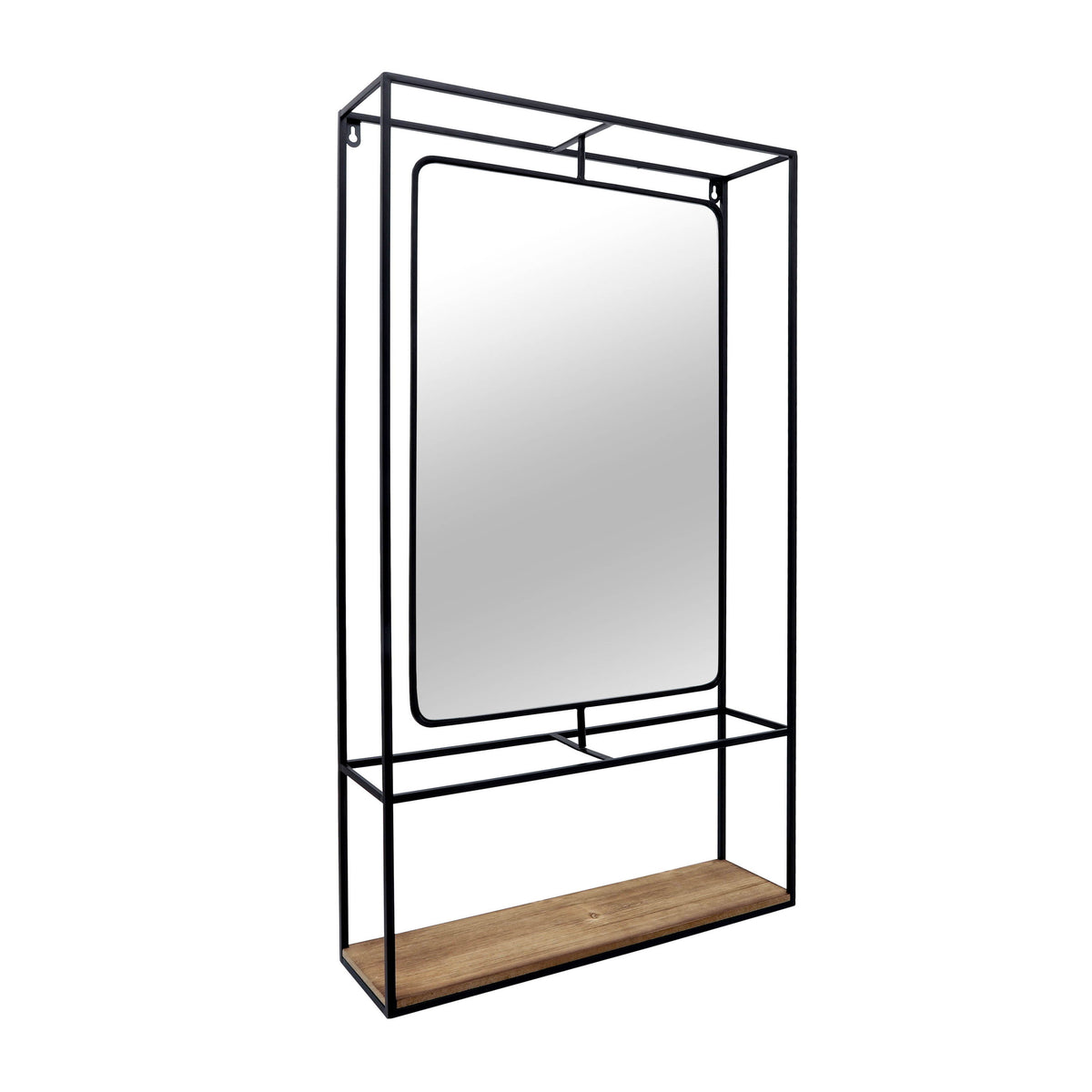 Metal / Wood Wall Shelf With Mirror 36" - Black / Brown