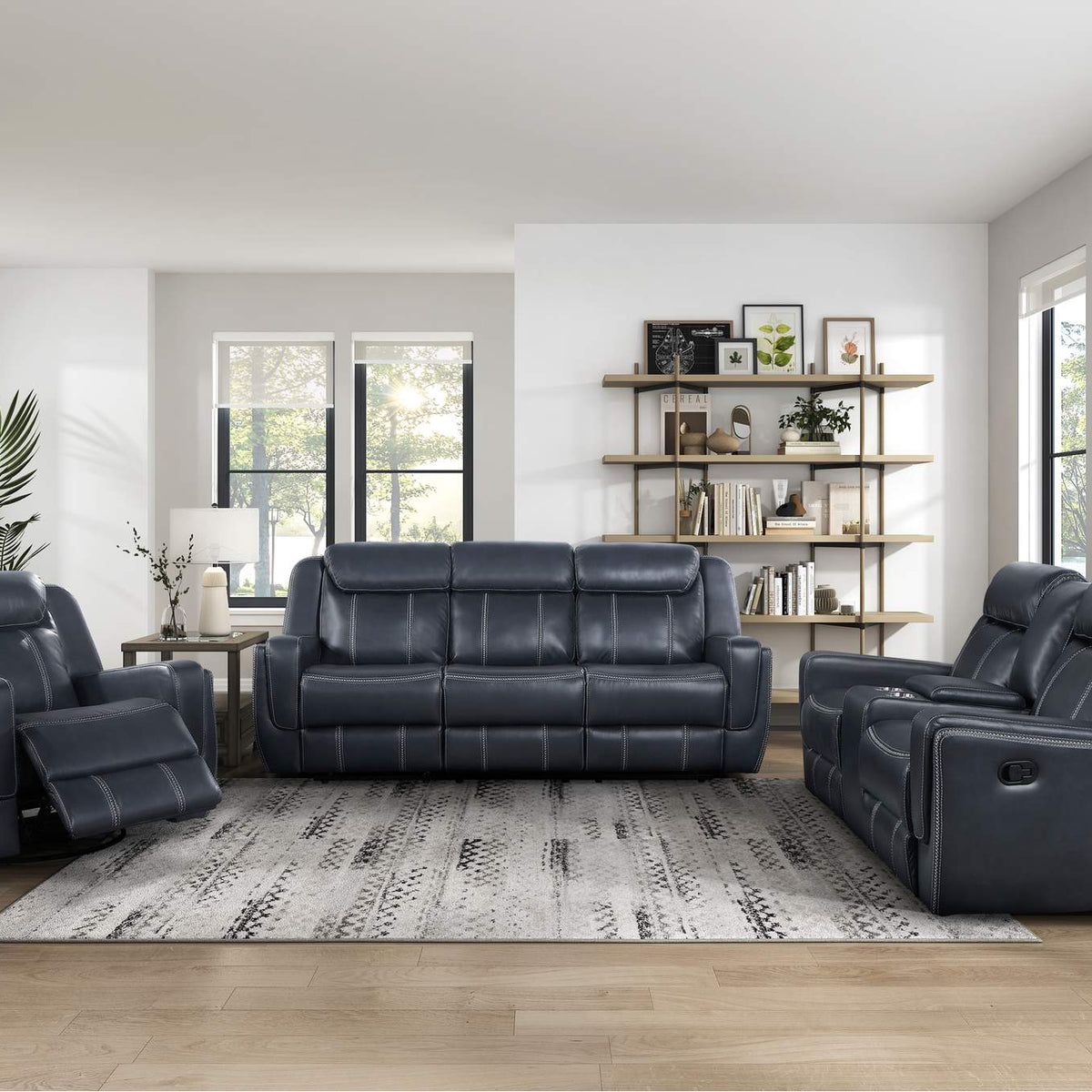 8516BU-3 Littleton Double Reclining Sofa with Center Drop-Down Cup Holders,Storage Pouch, Receptacles and USB Ports