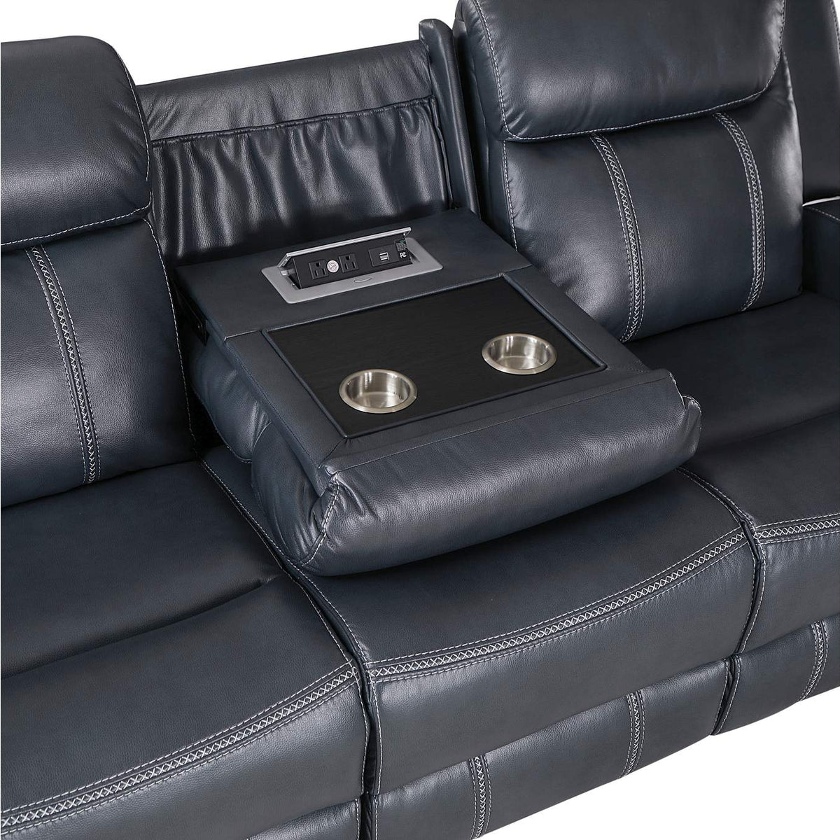 8516BU-3 Littleton Double Reclining Sofa with Center Drop-Down Cup Holders,Storage Pouch, Receptacles and USB Ports