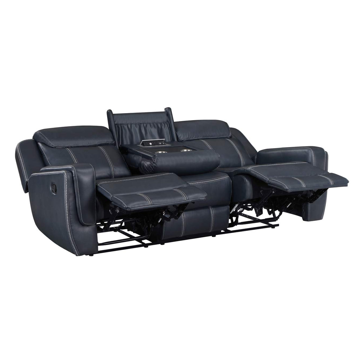 8516BU-3 Littleton Double Reclining Sofa with Center Drop-Down Cup Holders,Storage Pouch, Receptacles and USB Ports