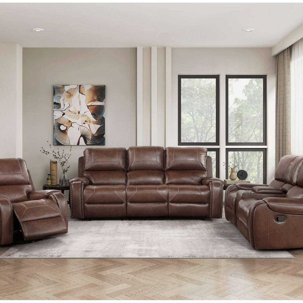 8549BRW-2 Newnan Double Glider Reclining Love Seat with Center Console, Receptacles and USB Ports