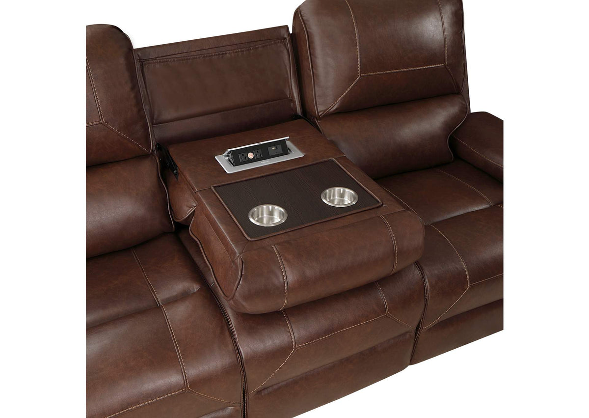 8549BRW-3 Newnan Double Reclining Sofa with Center Drop-Down Cup Holders, Receptacles and USB Ports