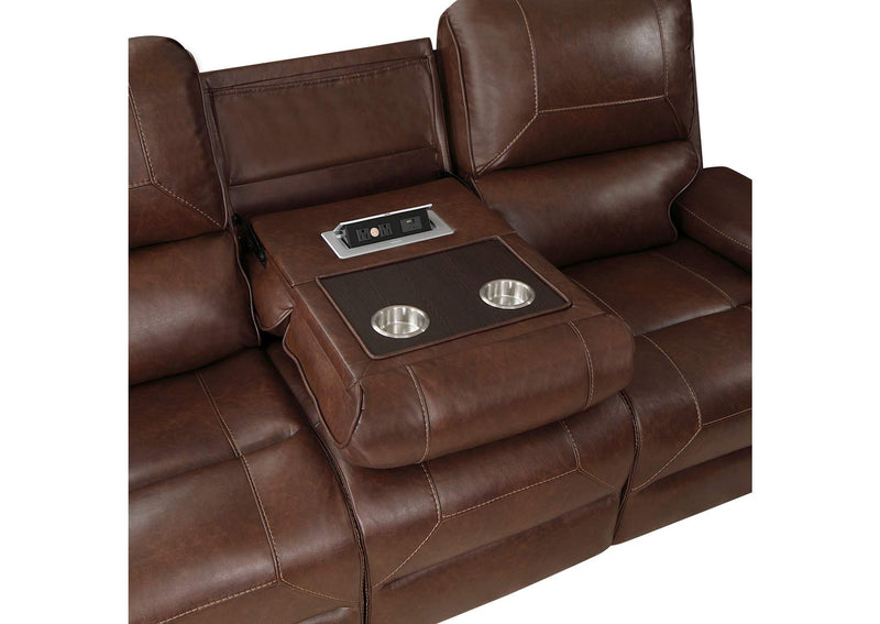 8549BRW-3 Newnan Double Reclining Sofa with Center Drop-Down Cup Holders, Receptacles and USB Ports