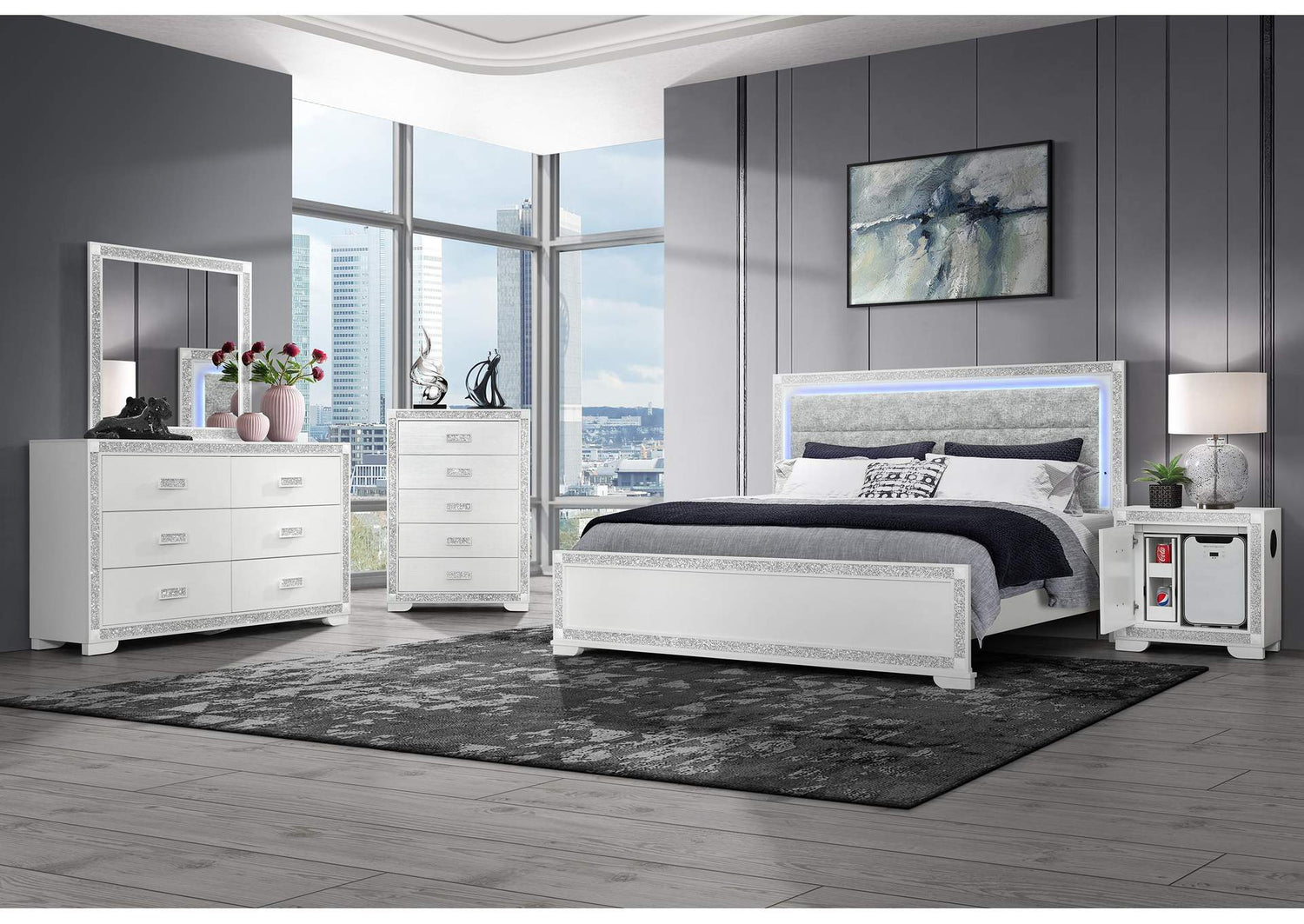 SOLEIL-WHITE-KBG_W_COOLER SOLEIL WHITE KING BED GROUP WITH COOLER AND SPEAKER