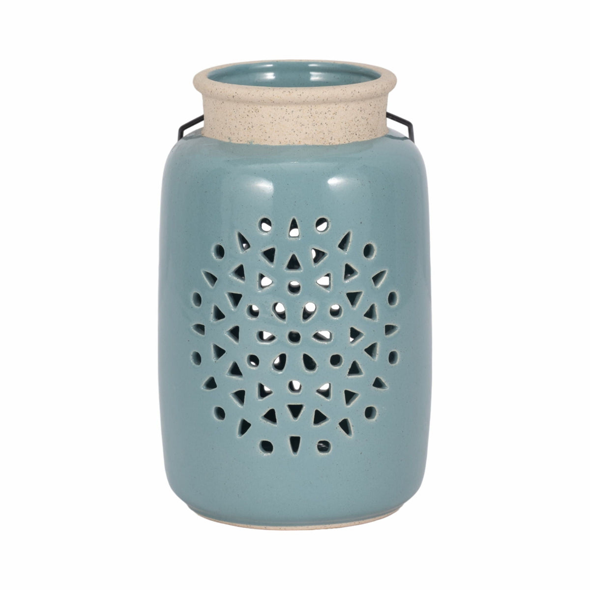Ceramic Flower Cut Out Lantern 9" - Cameo Blue