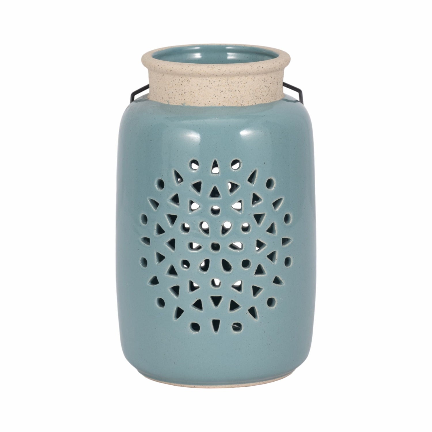 Ceramic Flower Cut Out Lantern 9" - Cameo Blue