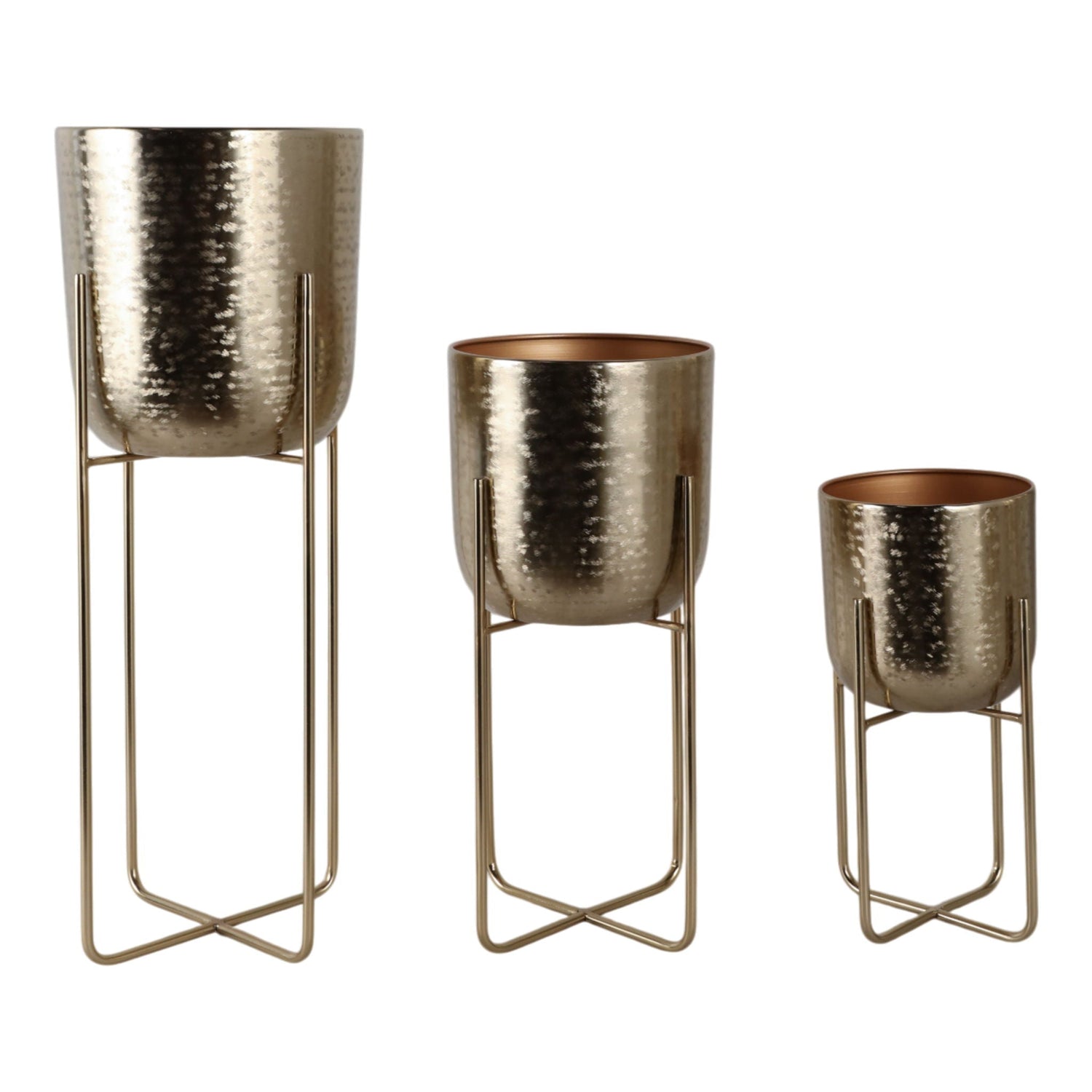15" / 20" / 27" Etched Metal Planter On Stand (Set of 3) - Gold