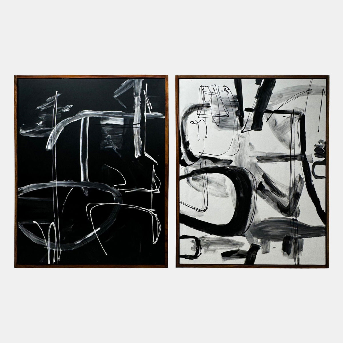 95" x 59" Hand Painted Contemporary Art (Set of 2) - Black / Whitet