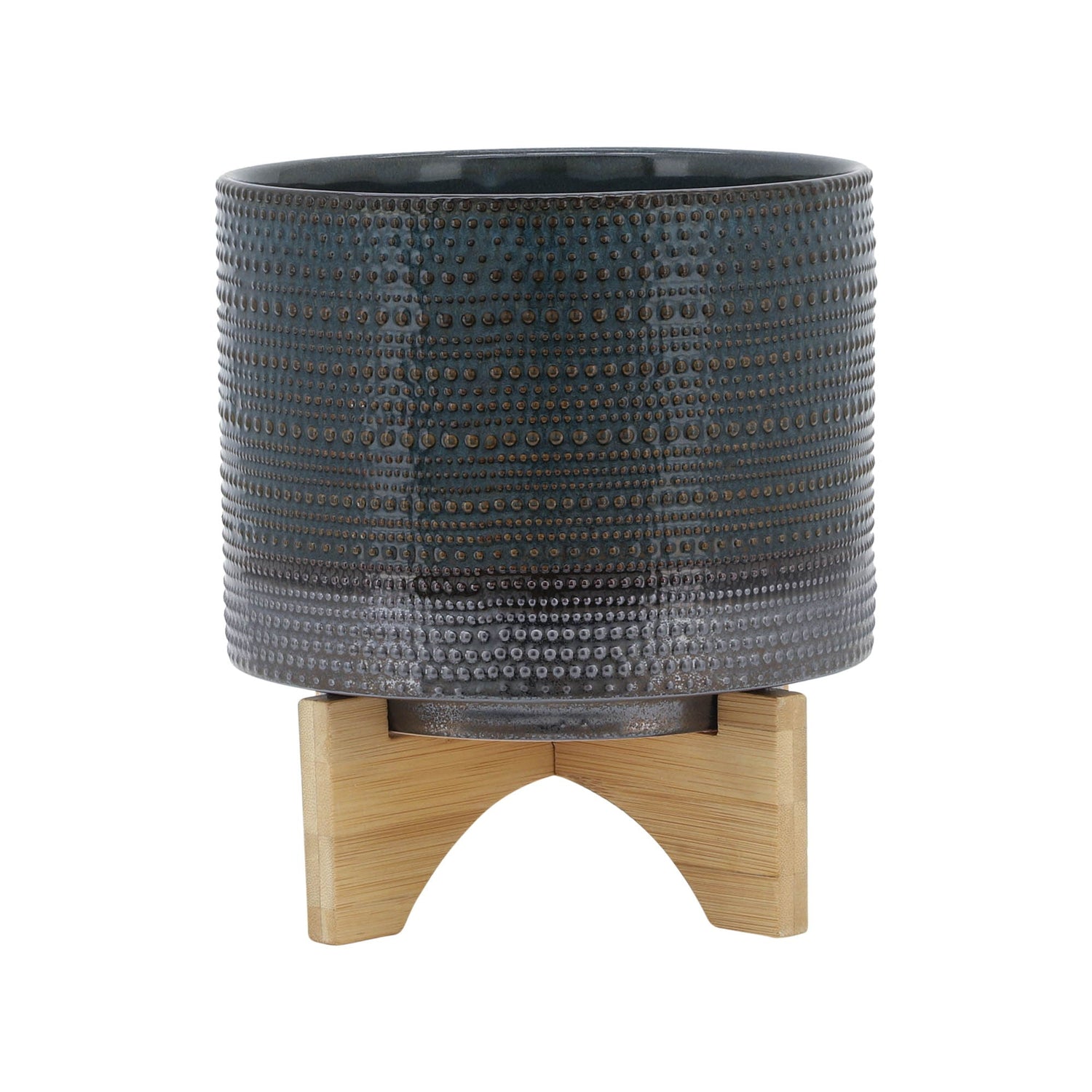 Dotted Planter With Wood Stand 8" - Green