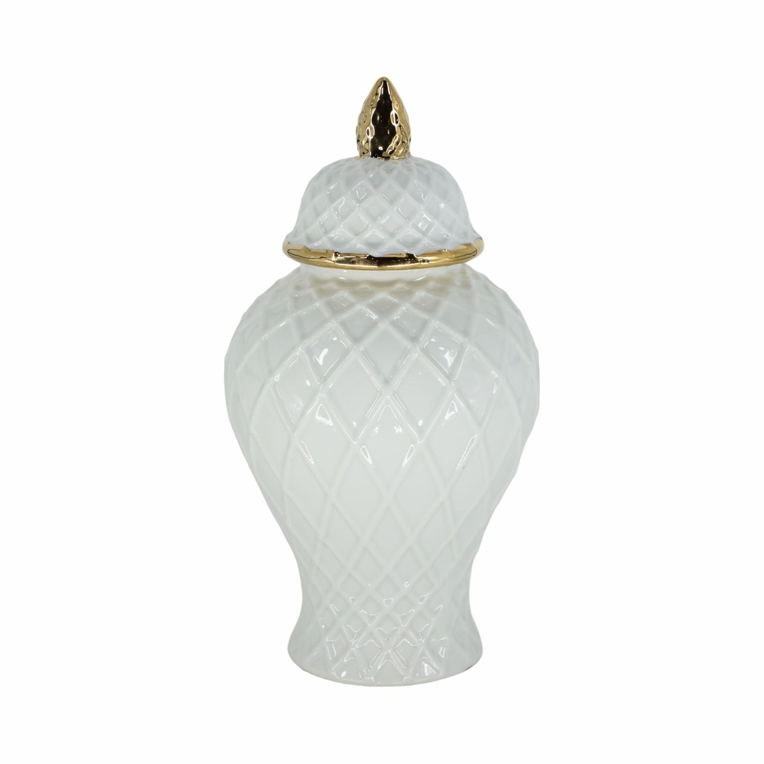 Ceramic Rope Temple Jar 14" - White / Gold
