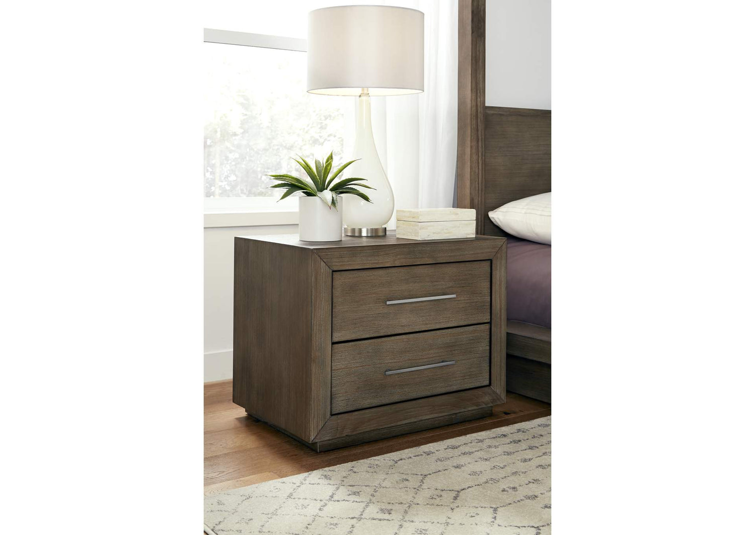 8D6481 Melbourne Two Drawer Nightstand With USB In Dark Pine