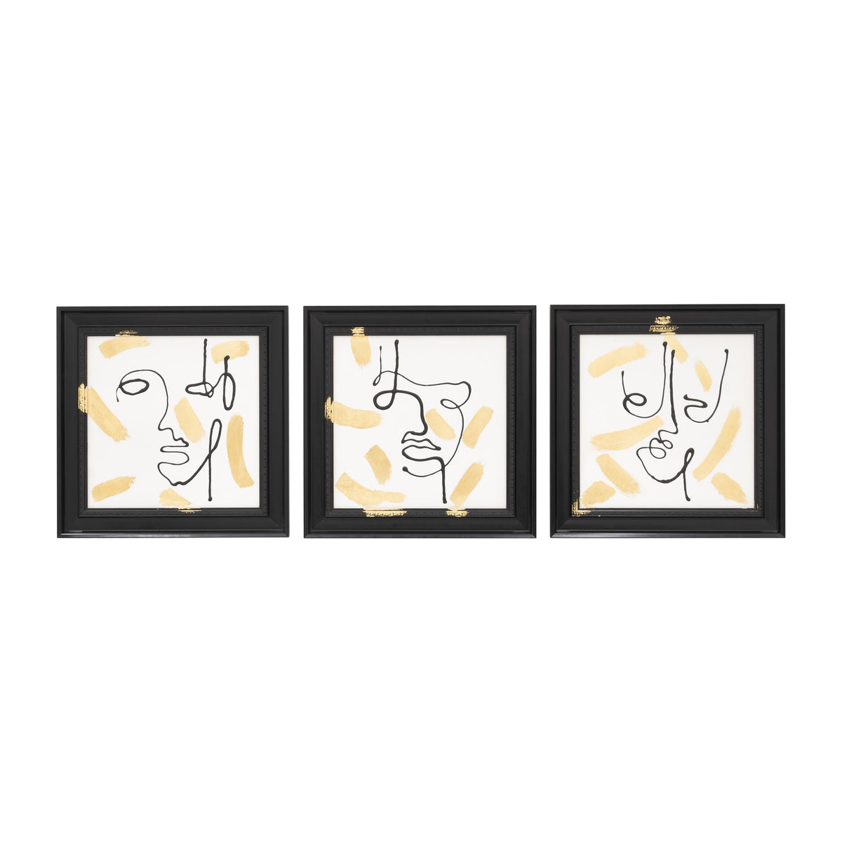 Hand Painted Gold Splash Geometric Faces (Set of 3) - Black / White