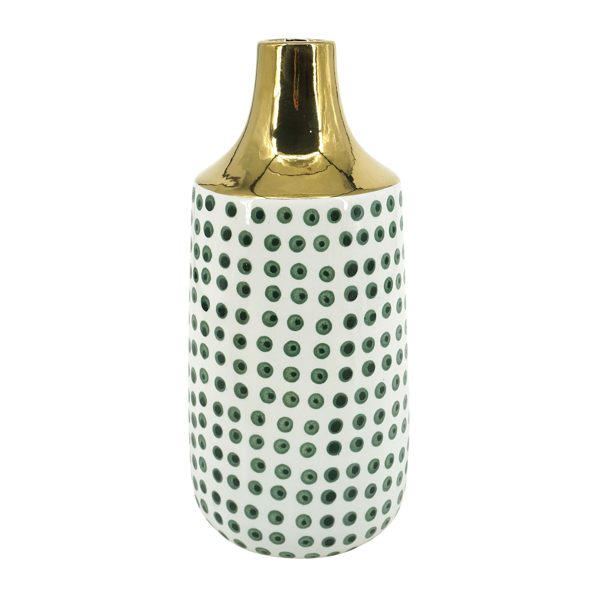 Ceramic 16" Polka Dots Vase - Forest Green/Gold/White