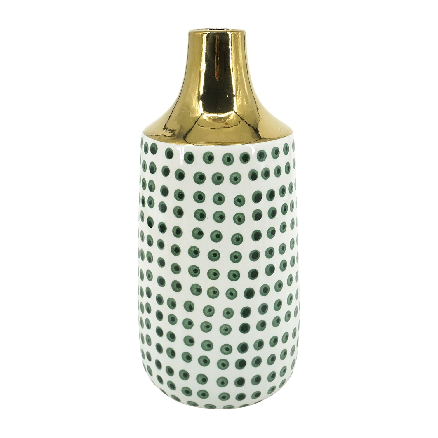 Ceramic 16" Polka Dots Vase - Forest Green/Gold/White