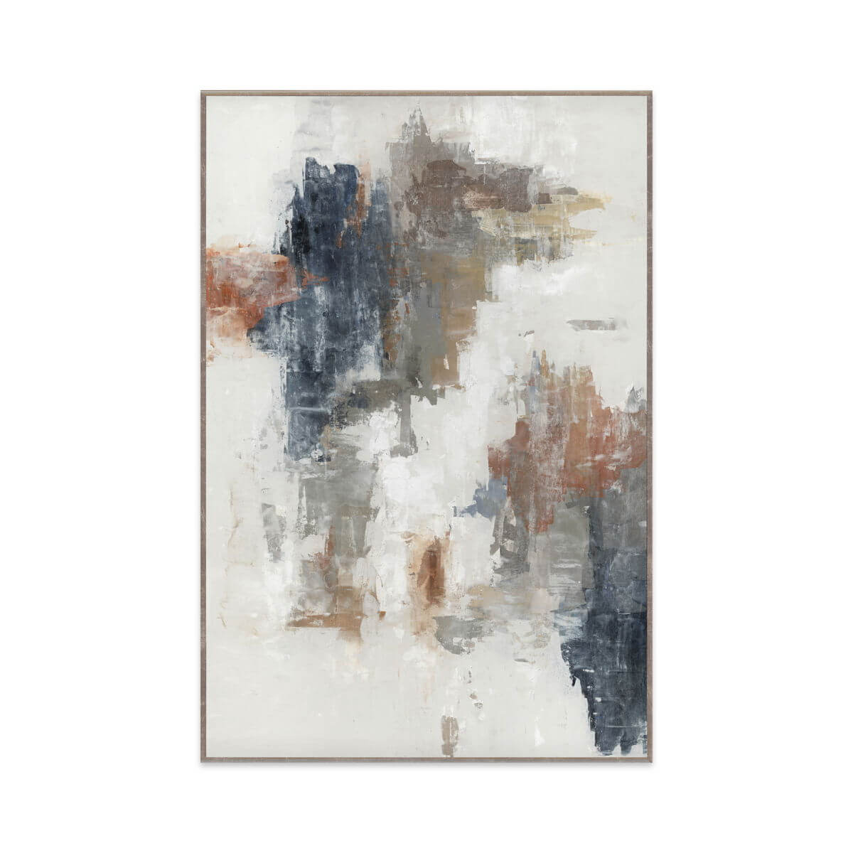 Abstract art painting with brown, blue, and white colors on a white background