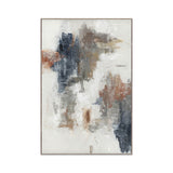 Abstract art painting with brown, blue, and white colors on a white background