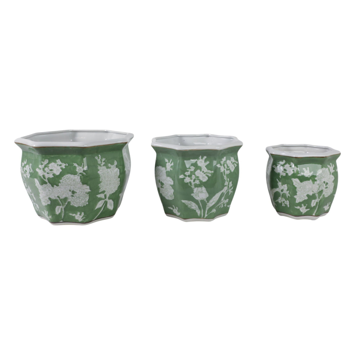 8" / 10" / 12"Floral Planters (Set of 3) - Green / White