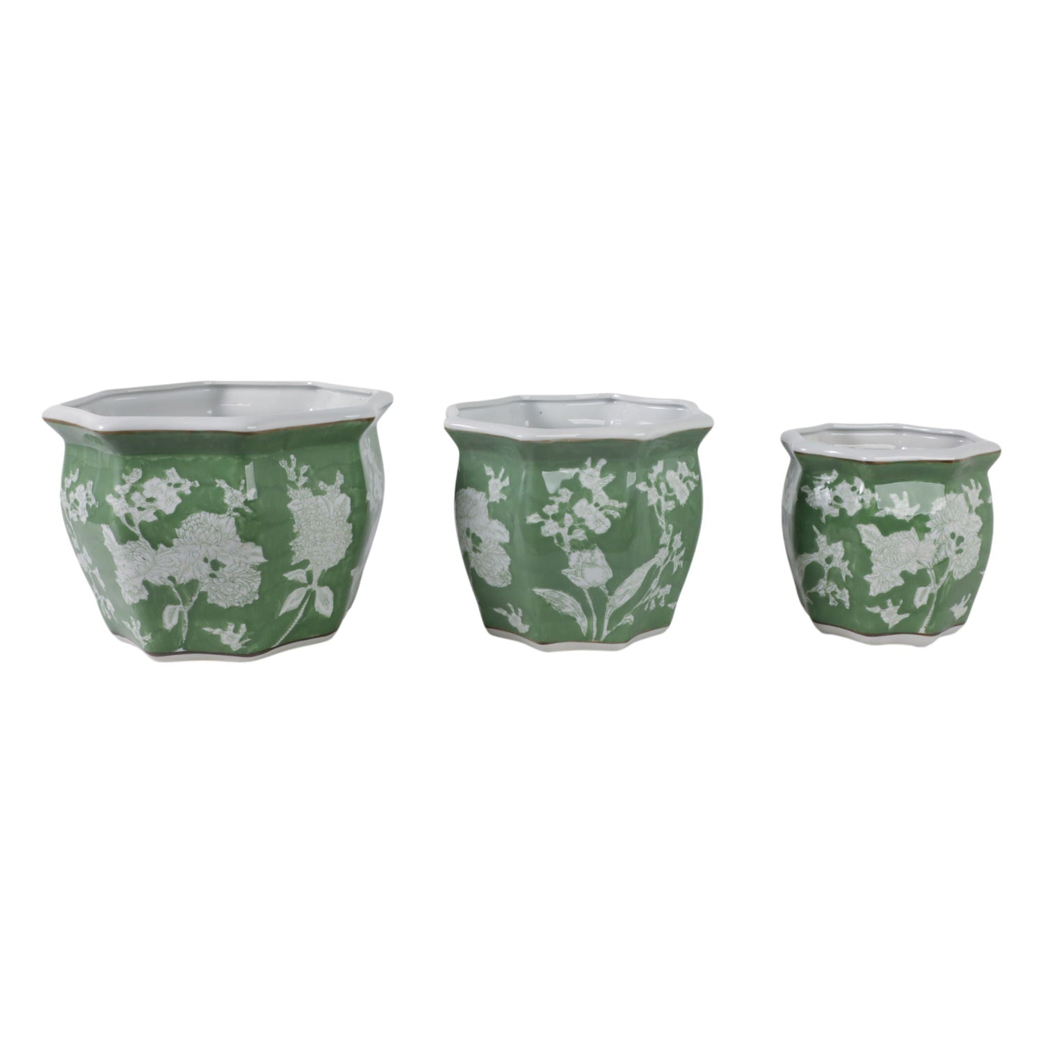 8" / 10" / 12"Floral Planters (Set of 3) - Green / White