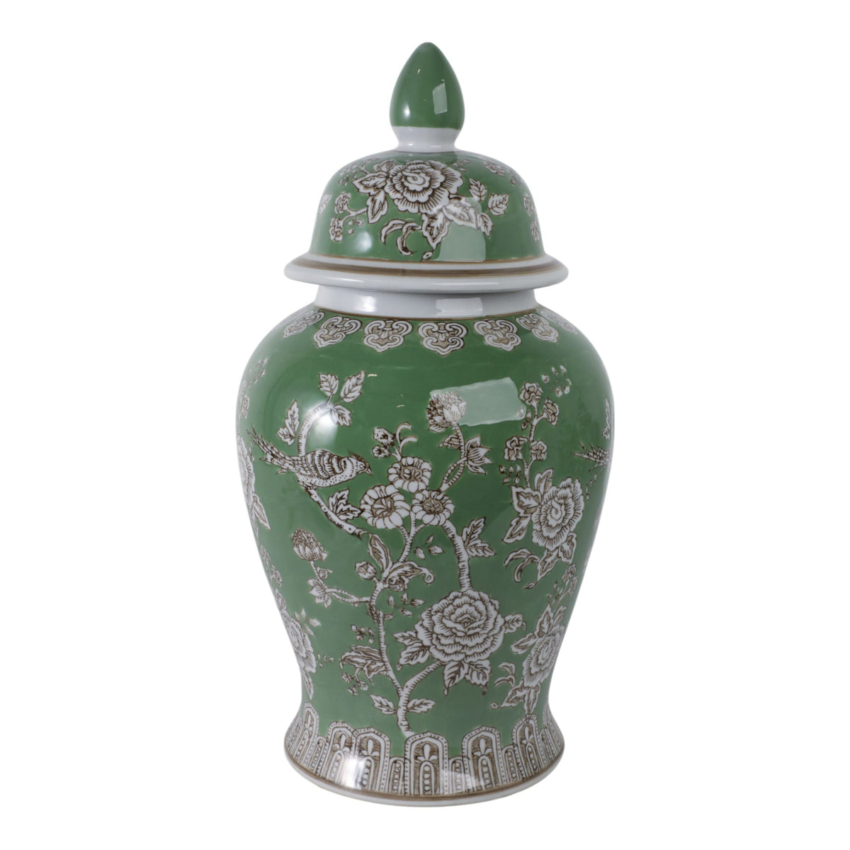 18" x 9" Bird & Flower Temple Jar - Green / Brown
