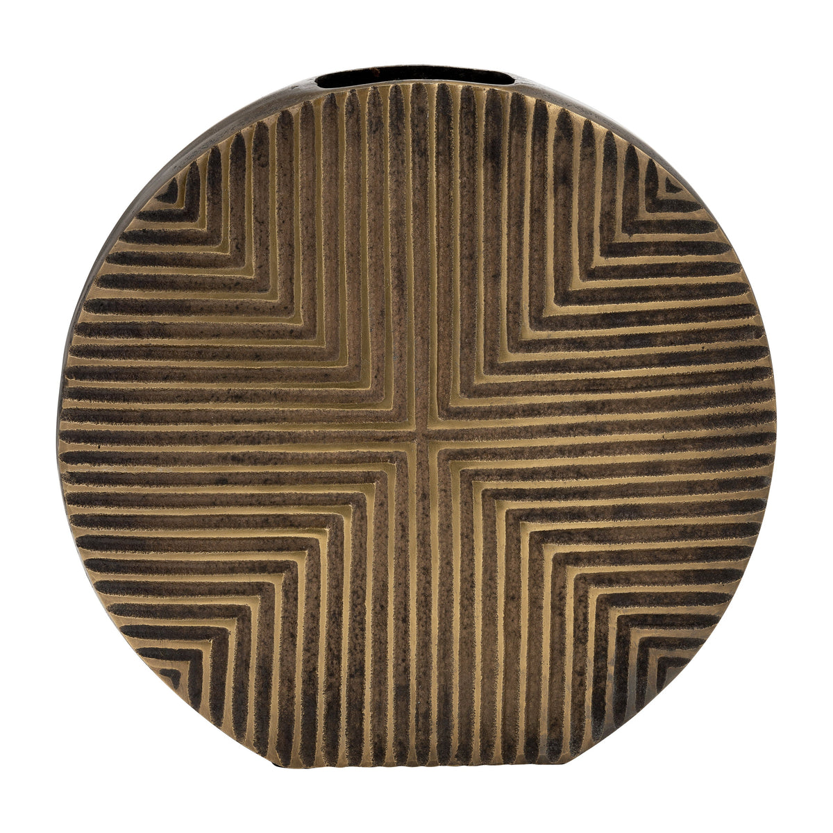 Metal Round Ribbed Vase 13" - Brass Antique