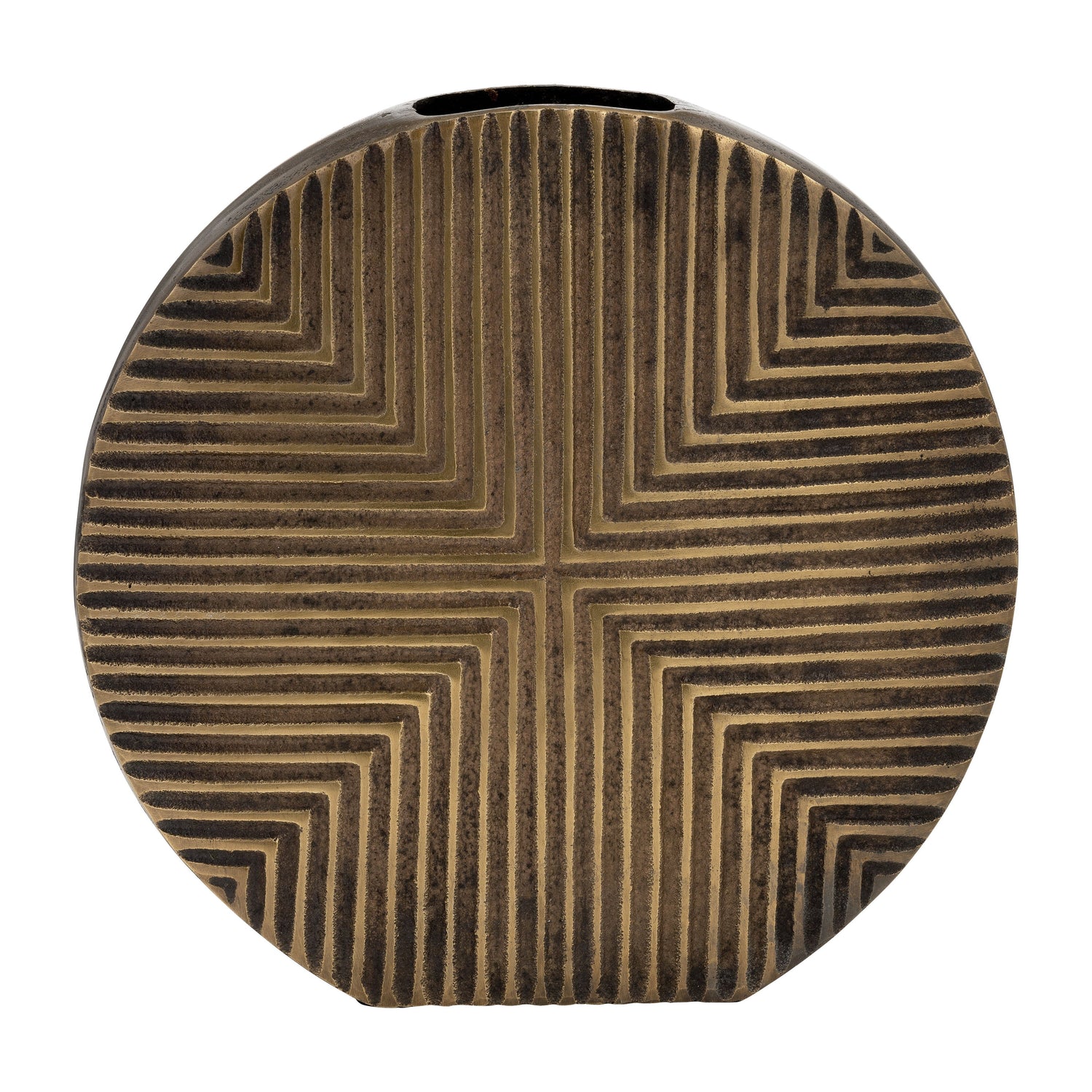 Metal Round Ribbed Vase 13" - Brass Antique