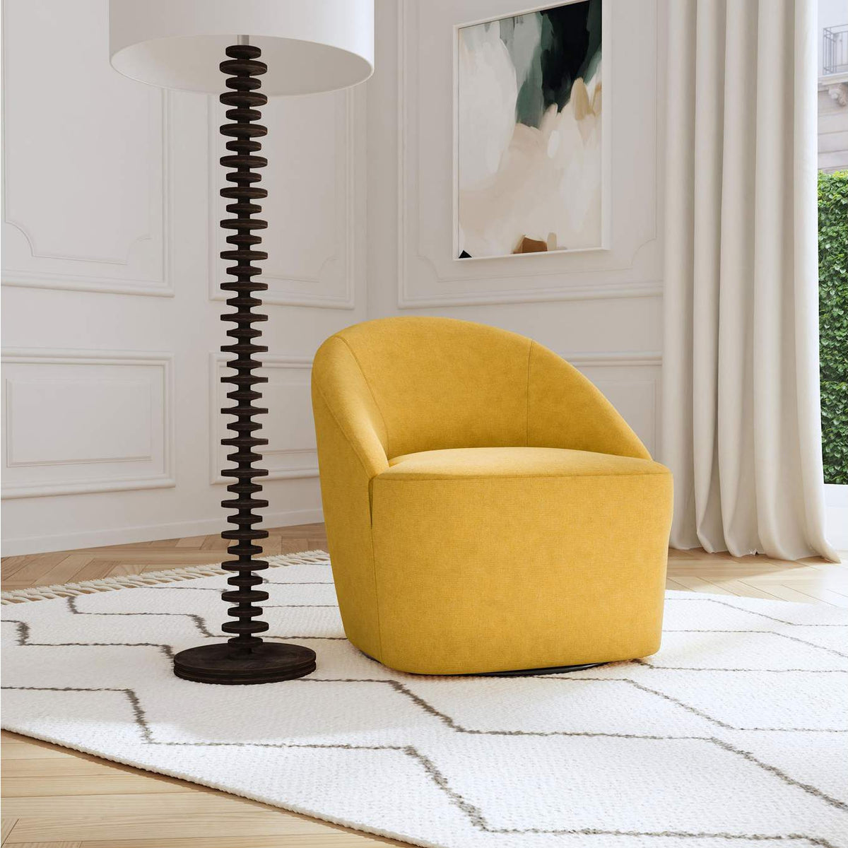 903076 Leon Upholstered Barrel Accent Swivel Chair Mustard Yellow