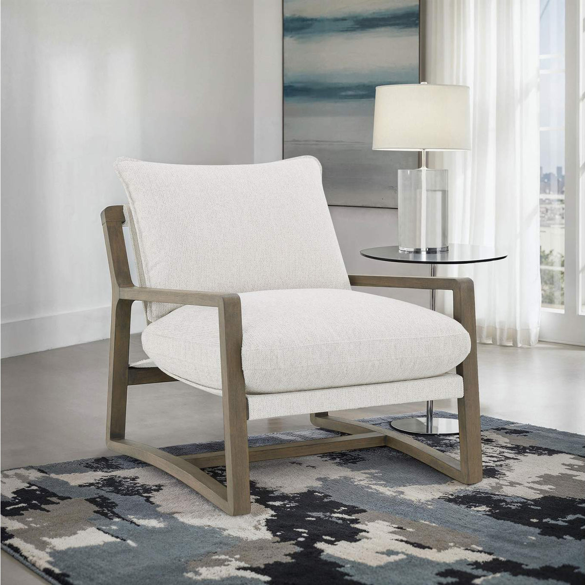 907509 Geneva Boucle Upholstered Wood Arm Accent Chair Sand