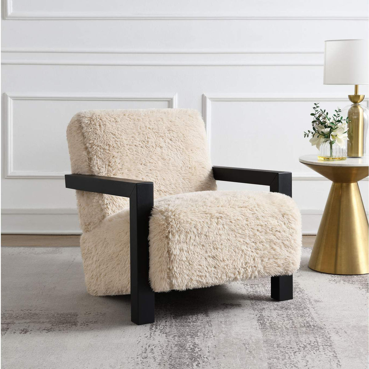 907533 Fitzroy Faux Fur Upholstered Chair Solid Wood Arms Latte